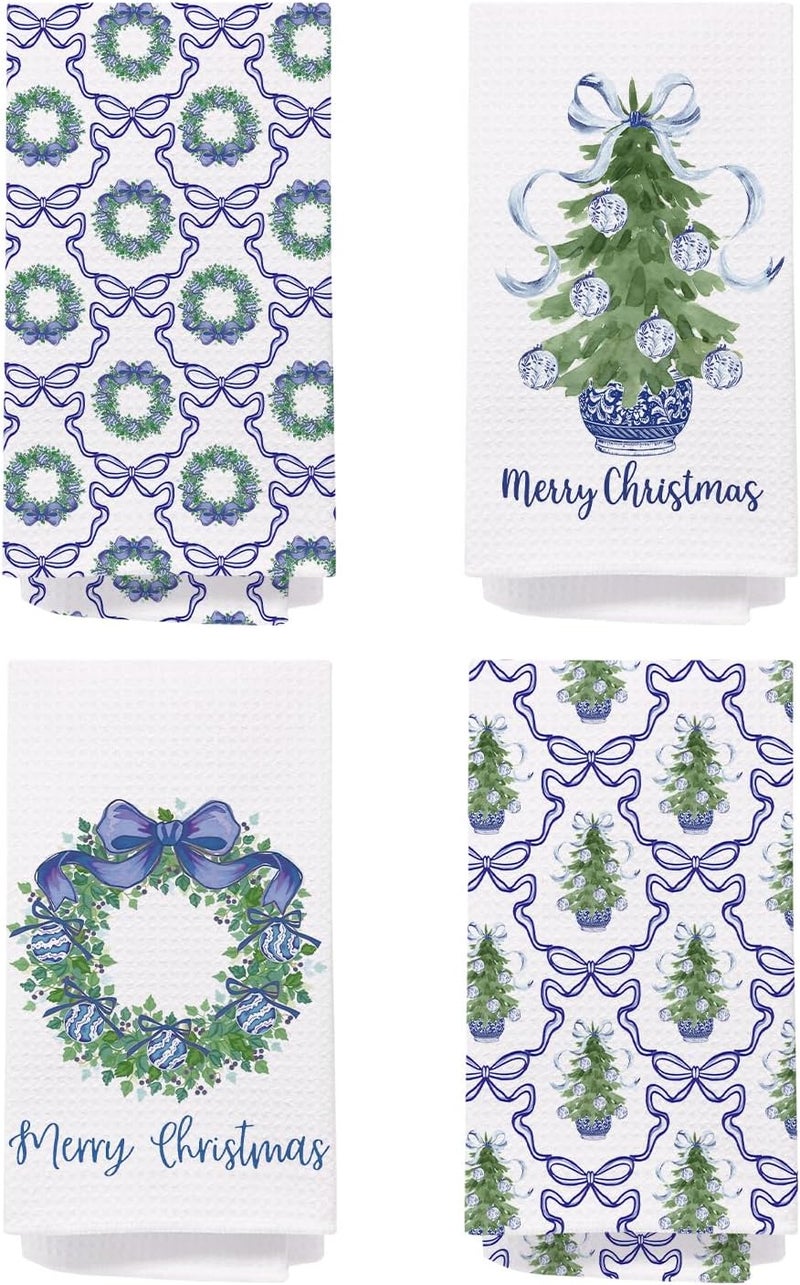 SPBL&L Chinoiserie Christmas Kitchen Towels,Set of 4 Blue Bow Coquette Christmas Tree Dish Towels for Kitchen Bathroom, Blue Christmas Hand Towels for Bathroom Kitchen, Grandmillennial Decor,16x24 Inches - Image 1